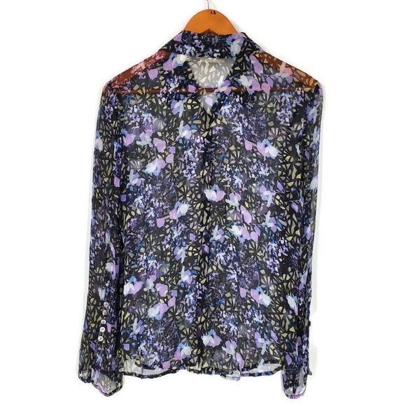 MARSH LANDING 100% Silk Black and Purple Sheer Button Up Floral Top Sz M - Picture 2 of 11